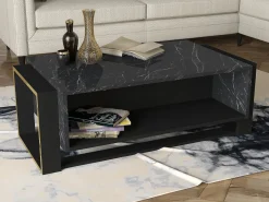 Vente-unique Mesa de centro con 1 estante - Efecto mármol y dorado - COMEBI Negro Outlet