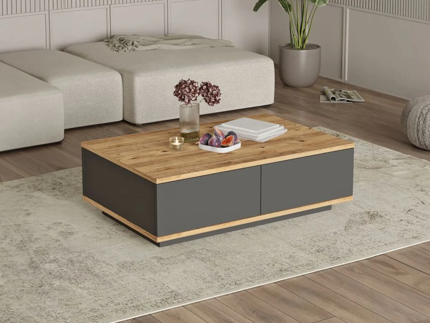 Vente-unique Mesa de centro con 2 puertas - Natural Claro y Antracita - LOTULA Gris antracita / Color natural claro Best