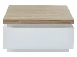 Vente-unique Mesa De Centro|Mesa de centro con LEDs - 2 cajones - MDF lacado - Blanco y roble. HALO II