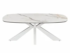 Maison Céphy Mesa de centro de cristal templado, cerámica y metal - Efecto mármol - DERIYA Blanco Outlet