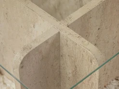 Vente-unique Mesa de centro de cristal templado - Efecto travertino beige y transparente - AZRA Transparente / Beige Outlet