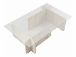 Vente-unique Mesa de centro de cristal templado - Efecto travertino beige y transparente - AZRA Transparente / Beige Outlet