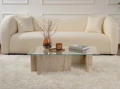 Vente-unique Mesa de centro de cristal templado - Efecto travertino beige y transparente - AZRA Transparente / Beige Outlet