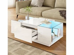 Mesa de centro moderna - 105 x 50 x 35 cm - con 2 cajones + LED - tablero de cristal - aglomerado -^Merax Online
