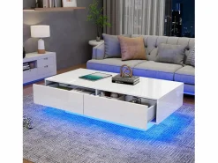 Merax Mesa de centro moderna brillante con 2 cajones - 115 x 55 x 34 cm - LED - Tablero de partículas - Negro Online