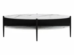 Vente-unique Mesa De Centro|Mesa de centro ovalada con 4 estantes de MDF y metal - Efecto mármol blanco y negro - EVARO