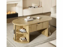 ModernLuxe Mesa De Centro|Mesa de centro ovalada elevable 100x50x40,5 cm - Estantes abiertos y almacenamiento oculto - 2 puertas correderas - MDF - Natural