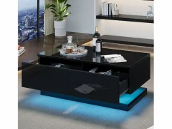 Hauss Spole Mesa De Centro|Mesa de centro rectangular 90x50x38cm con 2 cajones, LED incluido, cuerpo en lacado brillo