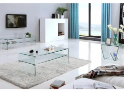 Vente-unique Mesa de centro STILEOS - Doble nivel - Cristal templado Transparente New