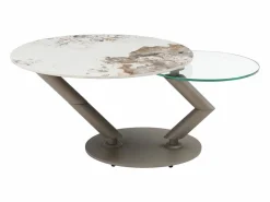 Vente-unique Mesa de centro tableros pivotantes de cerámica y vidrio templado - Efecto mármol blanco - ELDOVA Transparente / Topo / Blanco Best