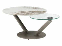 Vente-unique Mesa de centro tableros pivotantes de cerámica y vidrio templado - Efecto mármol blanco - ELDOVA Transparente / Topo / Blanco Best