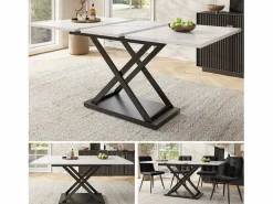 Mesa Extensible|Mesa de comedor blanca - Mesa de comedor extensible con patas de hierro negro - para cocina y sala de estar