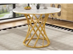 Mesa de comedor de 4 plazas - 80 x 80 x 76 cm - mesa redonda con patas de metal dorado - tablero de MDF jaspeado - MDF + metal -^Merax Hot
