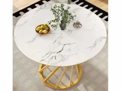 Mesa de comedor de 4 plazas - 80 x 80 x 76 cm - mesa redonda con patas de metal dorado - tablero de MDF jaspeado - MDF + metal -^Merax Hot