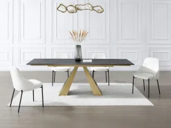Maison Céphy Mesa de comedor de cristal templado, cerámica y metal - Efecto mármol negro y dorado - LOZIPA Negro / Dorado