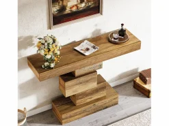 Mesa de comedor de granja de 108 cm, mesa de salón estrecha de madera detrás del sofá con base geométrica^Tribesigns Online