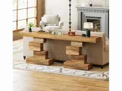 Mesa de comedor de granja de 108 cm, mesa de salón estrecha de madera detrás del sofá con base geométrica^Tribesigns Online