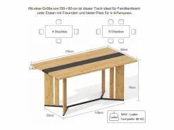 Mesa de comedor de madera de estilo escandinavo - 150 x 80 x 75 cm - veta de roble - MDF - natural^Merax New