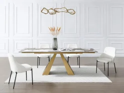 Mesa de comedor de vidrio templado, cerámica y metal - Efecto mármol blanco y topo - LOZIPA^Maison Céphy Sale