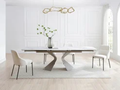 Mesa de comedor en vidrio templado, cerámica y metal topo - Efecto mármol blanco - KAJARI^Maison Céphy