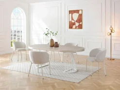 Vente-unique Mesa de comedor extensible para 2 a 12 personas en MDF y acero - Efecto travertino beige y blanco - FIRELA Beige / Blanco New
