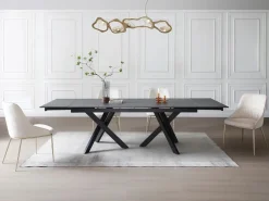 Vente-unique Mesa de comedor extensible en vidrio templado y cerámica - Efecto mármol - MARISO Negro Outlet
