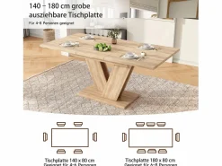 Mesa de comedor extensible - 140/180 x 80 x 75,5 cm - para 4 a 6 personas - Patas en forma de V - estilo minimalista - MDF - natural^Merax Hot