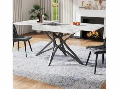 ModernLuxe Mesa de comedor extensible 160x80x66 cm - 6 personas - patas de mesa en forma de estrella - tablero de mesa imitación mármol - Blanco New