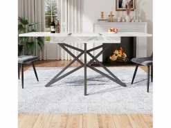 ModernLuxe Mesa de comedor extensible 160x80x66 cm - 6 personas - patas de mesa en forma de estrella - tablero de mesa imitación mármol - Blanco New
