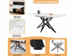 ModernLuxe Mesa de comedor extensible 160x80x66 cm - 6 personas - patas de mesa en forma de estrella - tablero de mesa imitación mármol - Blanco New