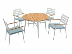 MYLIA Comedores De Jardín|Mesa de comedor jardín madera aluminio 4 sillas una mesa - Blanco y natural - MIAMI