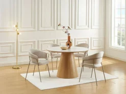 Vente-unique Mesa De Comedor|Mesa de comedor para 4 personas en cerámica y chapado - Efecto mármol blanco y natural - ANTALIZA