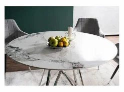 MSO Mesa Extensible|Mesa de comedor redonda Manon de aspecto mármol y base cromada