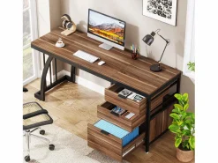 Mesa de computadora con 3 cajones, mesa industrial de PC, mesa de estudio, mesa de escritura, estación de trabajo con almacenamiento de archivos^Tribesigns Online