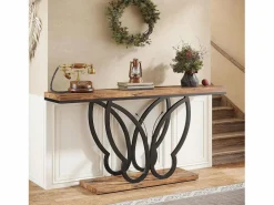 Tribesigns Consola|Mesa de consola de 140 cm, Mesa de entrada con marco de metal en forma de mariposa, Mesa de sofá, Mesas auxiliares largas y estrechas, Marrón y Negro