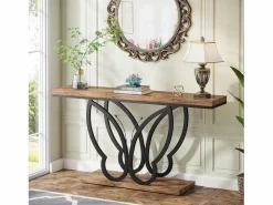 Tribesigns Consola|Mesa de consola de 140 cm, Mesa de entrada con marco de metal en forma de mariposa, Mesa de sofá, Mesas auxiliares largas y estrechas, Marrón y Negro