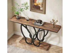 Tribesigns Consola|Mesa de consola de 140 cm, Mesa de entrada con marco de metal en forma de mariposa, Mesa de sofá, Mesas auxiliares largas y estrechas, Marrón y Negro