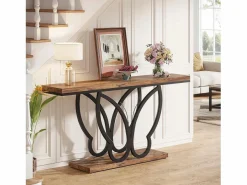 Tribesigns Consola|Mesa de consola de 140 cm, Mesa de entrada con marco de metal en forma de mariposa, Mesa de sofá, Mesas auxiliares largas y estrechas, Marrón y Negro
