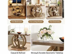 Tribesigns Mesa de consola de 4 niveles, de 108 cm, con base circular, de madera con estanterías de almacenamiento, para salón, pasillo, hogar, de color marrón claro de roble. Marru00f3n Discount