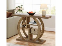 Tribesigns Mesa de consola de 4 niveles, de 108 cm, con base circular, de madera con estanterías de almacenamiento, para salón, pasillo, hogar, de color marrón claro de roble. Marru00f3n Discount