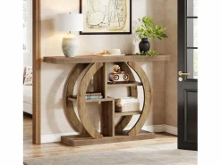 Tribesigns Mesa de consola de 4 niveles, de 108 cm, con base circular, de madera con estanterías de almacenamiento, para salón, pasillo, hogar, de color marrón claro de roble. Marru00f3n Discount