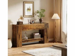Mesa de consola rústica marrón con 2 cajones, Mesa de consola estrecha de 2 niveles de 140 cm^Tribesigns Clearance