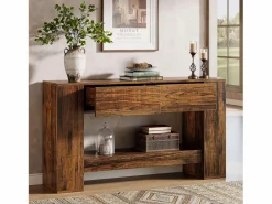 Mesa de consola rústica marrón con 2 cajones, Mesa de consola estrecha de 2 niveles de 140 cm^Tribesigns Clearance