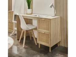 duehome Mesa De Ordenador|Mesa de escritorio con 2 cajones en pino y rattán 120x48 cm Made Pino - Rattan