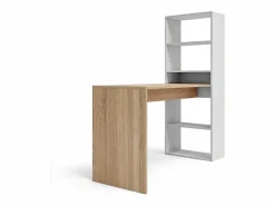 duehome Mesa de escritorio con estantería en blanco artik y roble canadian 120x50 cm Cosmic Blanco Artik (Blanco Mate) - Roble Canadian Color natural claro Outlet