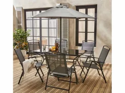Sweeek Comedores De Jardín|Mesa de jardín de acero con 6 sillas y 1 sombrilla