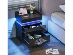 Mesa de noche con tira LED multicolor y 2 cajones de almacenamiento, cama de noche con espacio de almacenamiento en el nivel superior, 45x33.5x58 cm,^DripeX Clearance