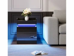 Mesa de noche con tira LED multicolor y 2 cajones de almacenamiento, cama de noche con espacio de almacenamiento en el nivel superior, 45x33.5x58 cm,^DripeX Clearance
