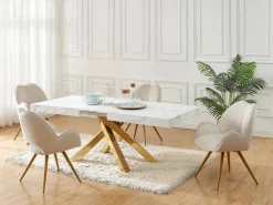 Vente-unique Mesa Extensible|Mesa De Comedor|Mesa extensible 6 a 10 cubiertos de MDF y metal - Efecto mármol y dorado - CATONAV