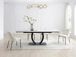 Maison Céphy Mesa Extensible|Mesa De Comedor|Mesa extensible de comedor en cerámica y metal negro - Efecto mármol blanco - OLIFIA